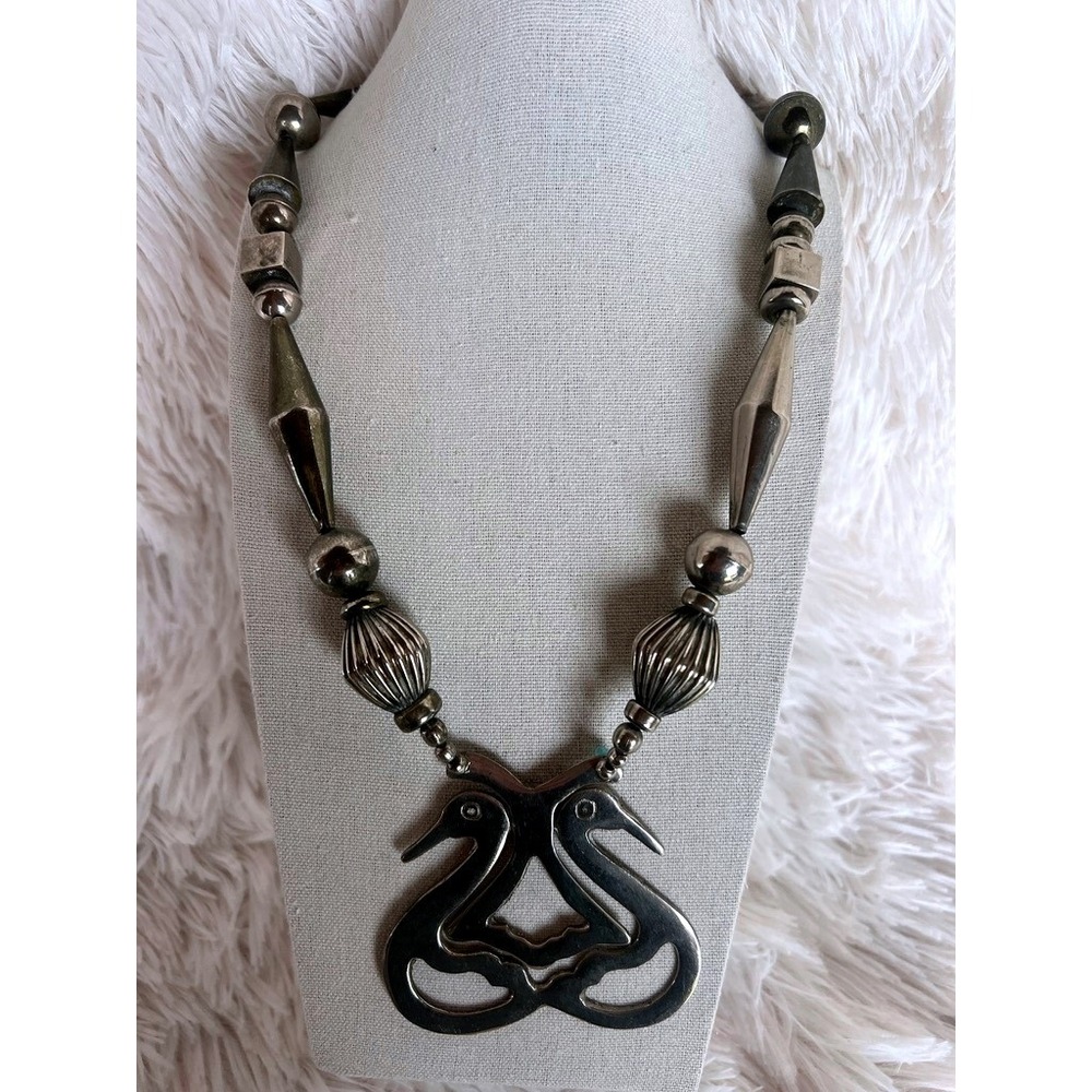 Vintage Modernist Swan Statement Necklace Silver Tone Artisan Brutalist Artwear‎